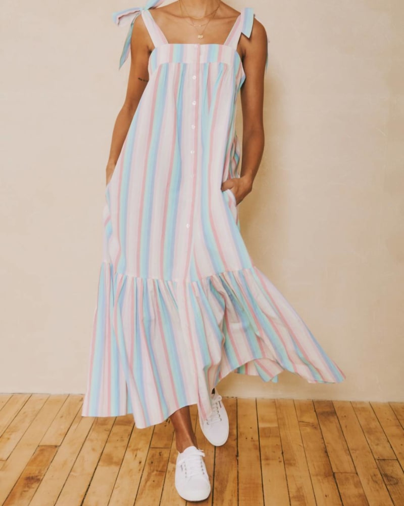 Front of a model wearing a size L Maisy Dress in Pastel Stripe in Pastel Stripe by OPHELIA & INDIGO. | dia_product_style_image_id:336088